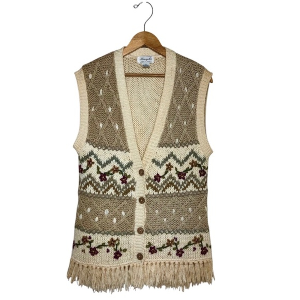 Margules Vintage Korea Ramie Blend Knit Floral Fringe Buttoned‎ Sweater Vest S
